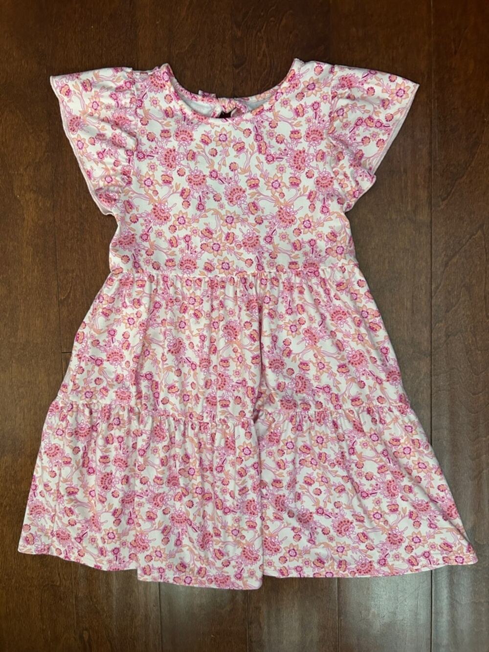 btween Super Soft Pink Floral Tiered Dress, Ruffle Sleeves, Cutout Back, Size 8